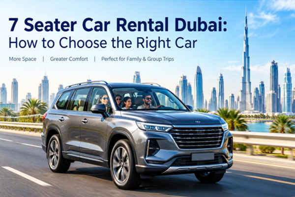 7 seater car rental Dubai with SUV driving on Dubai road