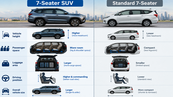 7-seater SUV vs standard 7-seater comparison showing vehicle height, passenger space, luggage area, driving position, and overall size